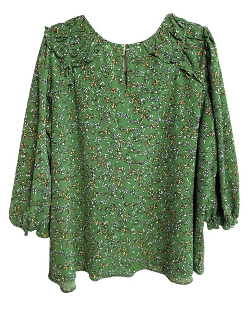 Max Studio Green Floral Ditsy Print Ruffle Yoke Balloon Sleeve Blouse - Picture 5 of 12